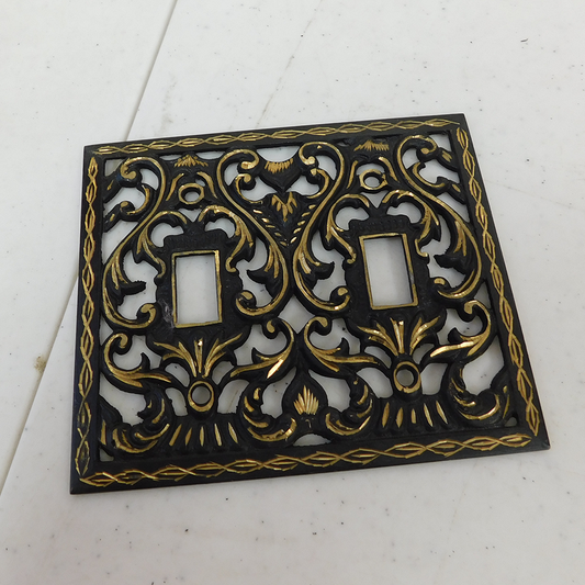 Decorative Cast Black Double Light Switch Plate with Gold Accents